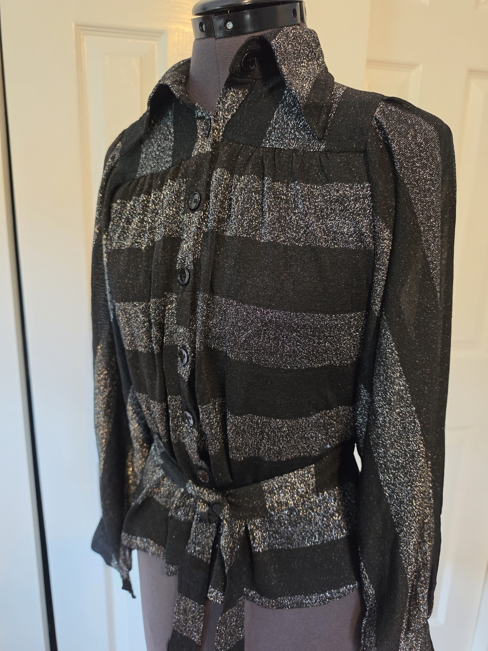Vintage Black Glitter Stripe Long-Sleeve Button-Up Top